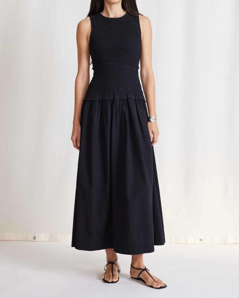 Front of a model wearing a size LARGE Siempre Tank Maxi Dress in Black in Black by Apiece Apart. | dia_product_style_image_id:342638
